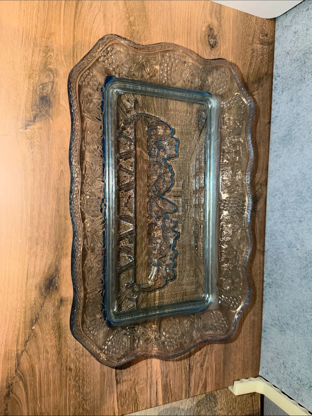 Vintage Blue Pressed Glass Serving Tray